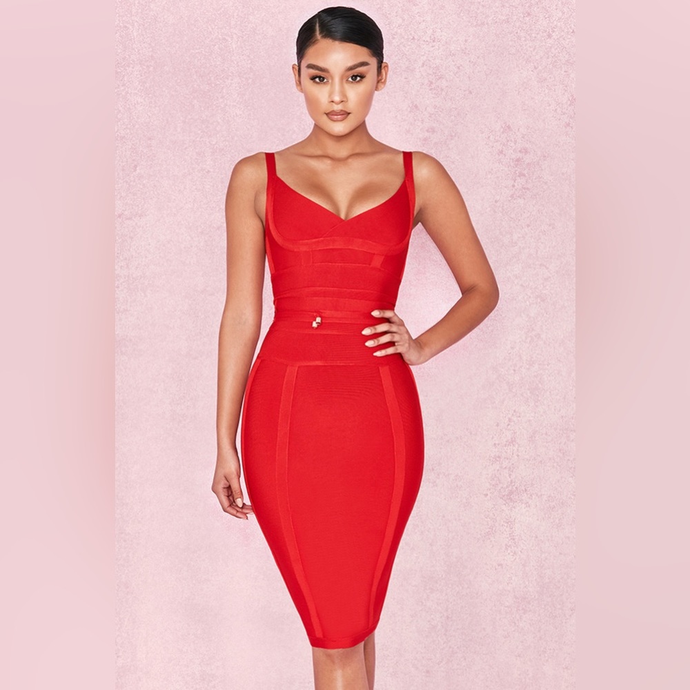 HOUSE OF CB BELICE RED TIE WAIST BANDAGE DRESS